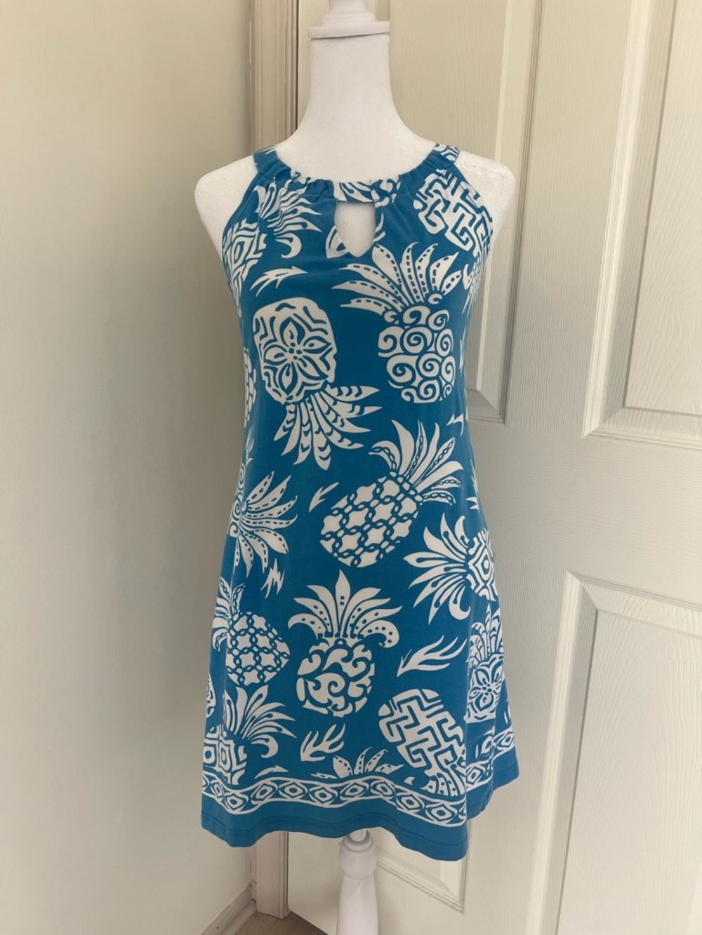 Sleeveless Teal Pineapple Print Halter Dress